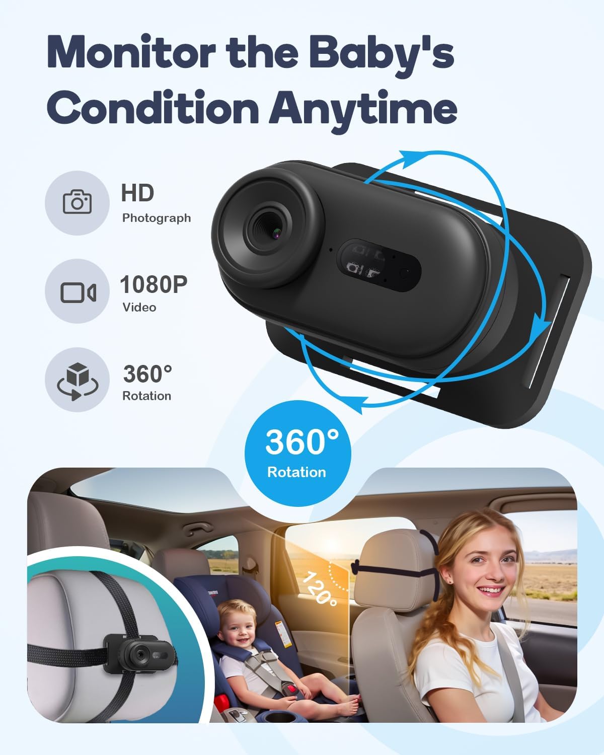Wireless Baby Car Camera, HD 1080P Car Baby Monitor