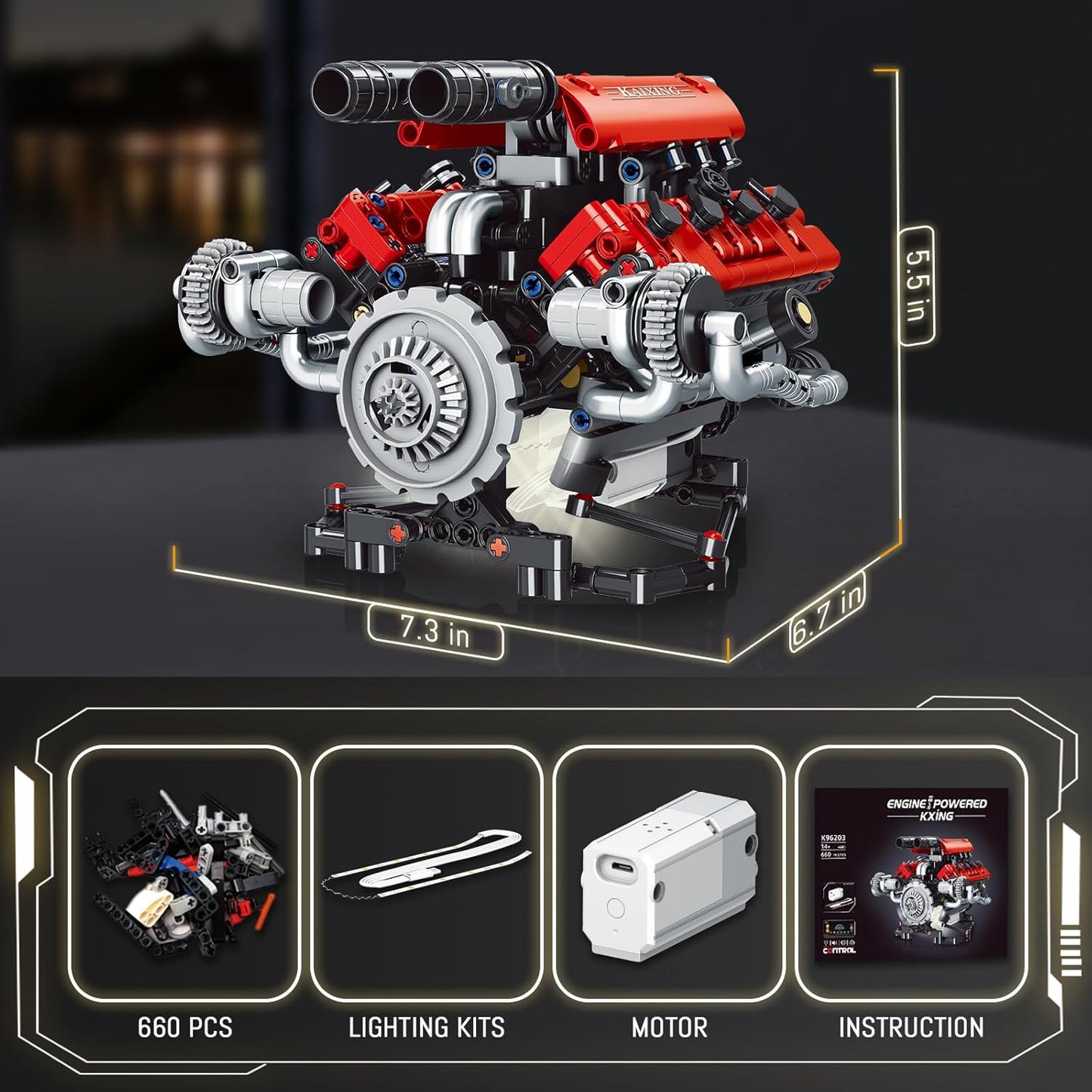 V8 Engine Model Kit – 660PCS, LED & APP Controlled STEM Kit