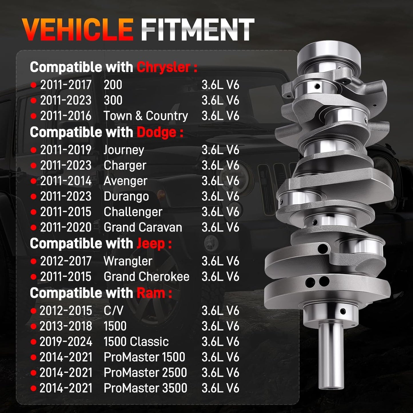 3.6L Engine Crankshaft and Bearing Kit Compatible with Chrysler
